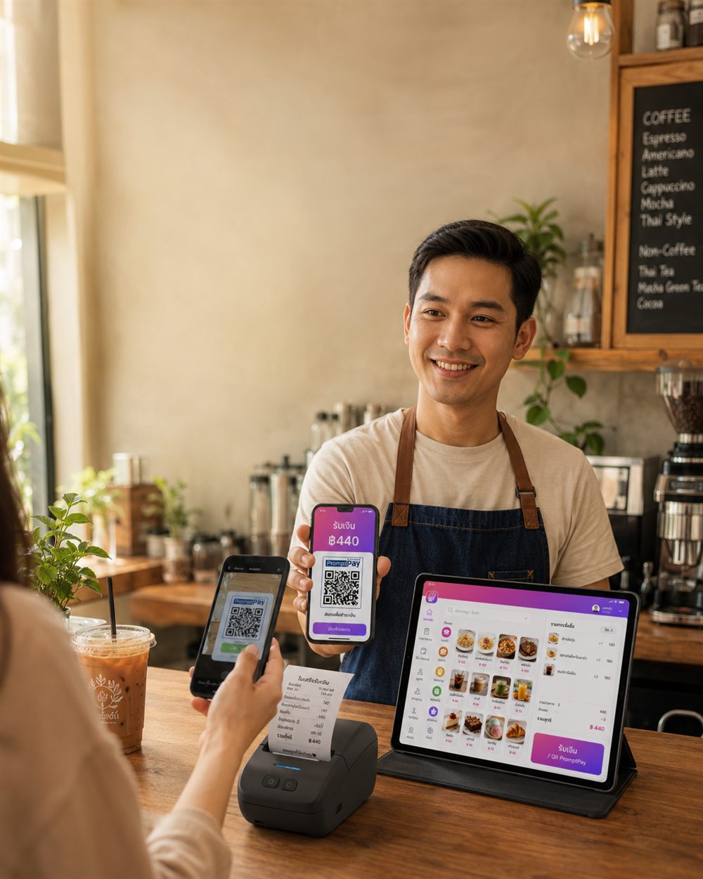 พนักงานคาเฟ่รับเงินลูกค้าด้วย QR พร้อมเพย์ผ่านแอป SRSP POS บนมือถือและแท็บเล็ต